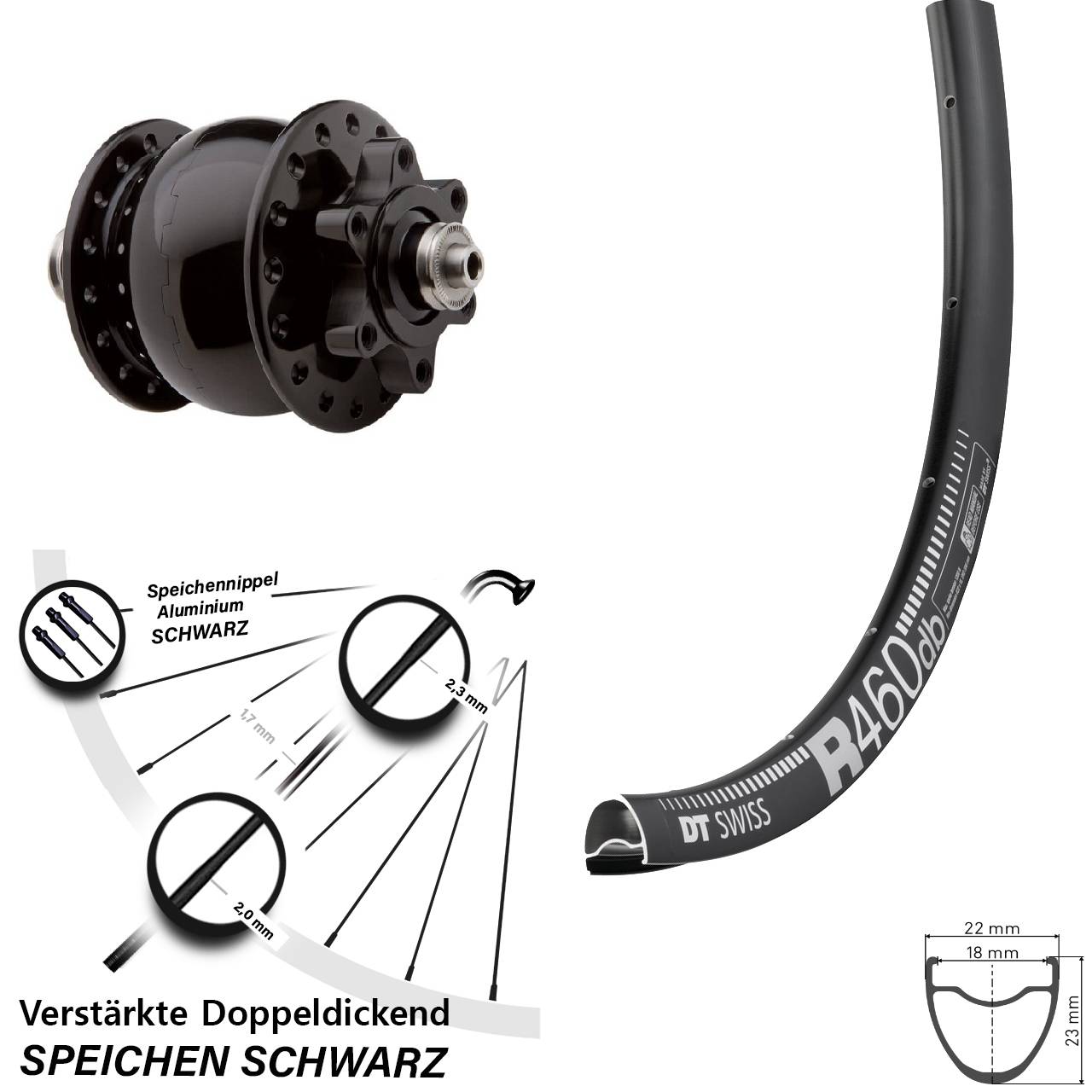 Nabendynamovorderrad SON 28 Zoll 6-Loch QR DT Swiss R460