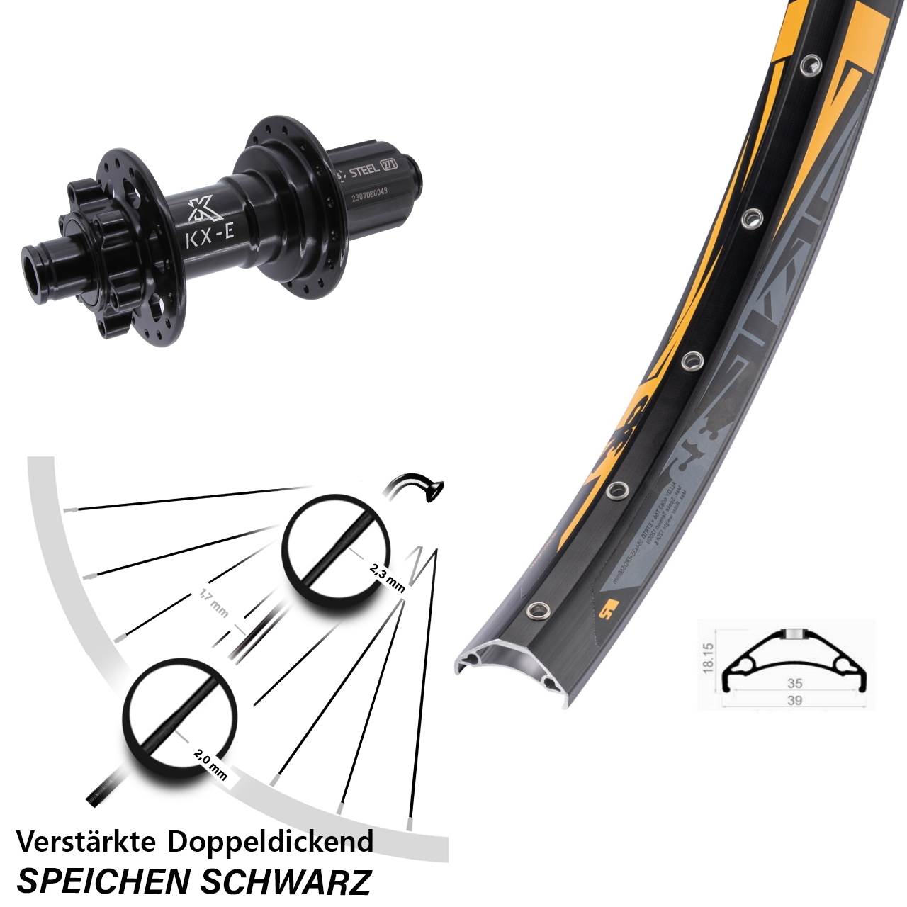 27,5 Zoll Rodi Tryp 35 Hinterrad 12x148 mm Steckachse verstärkt 6-loch KX-E