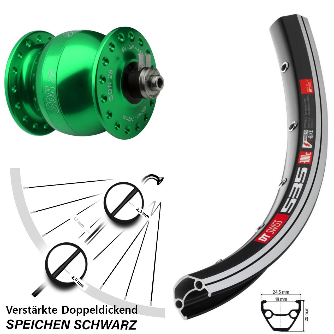26 Zoll DT Swiss 535 SON 28 grün Nabendynamovorderrad QR