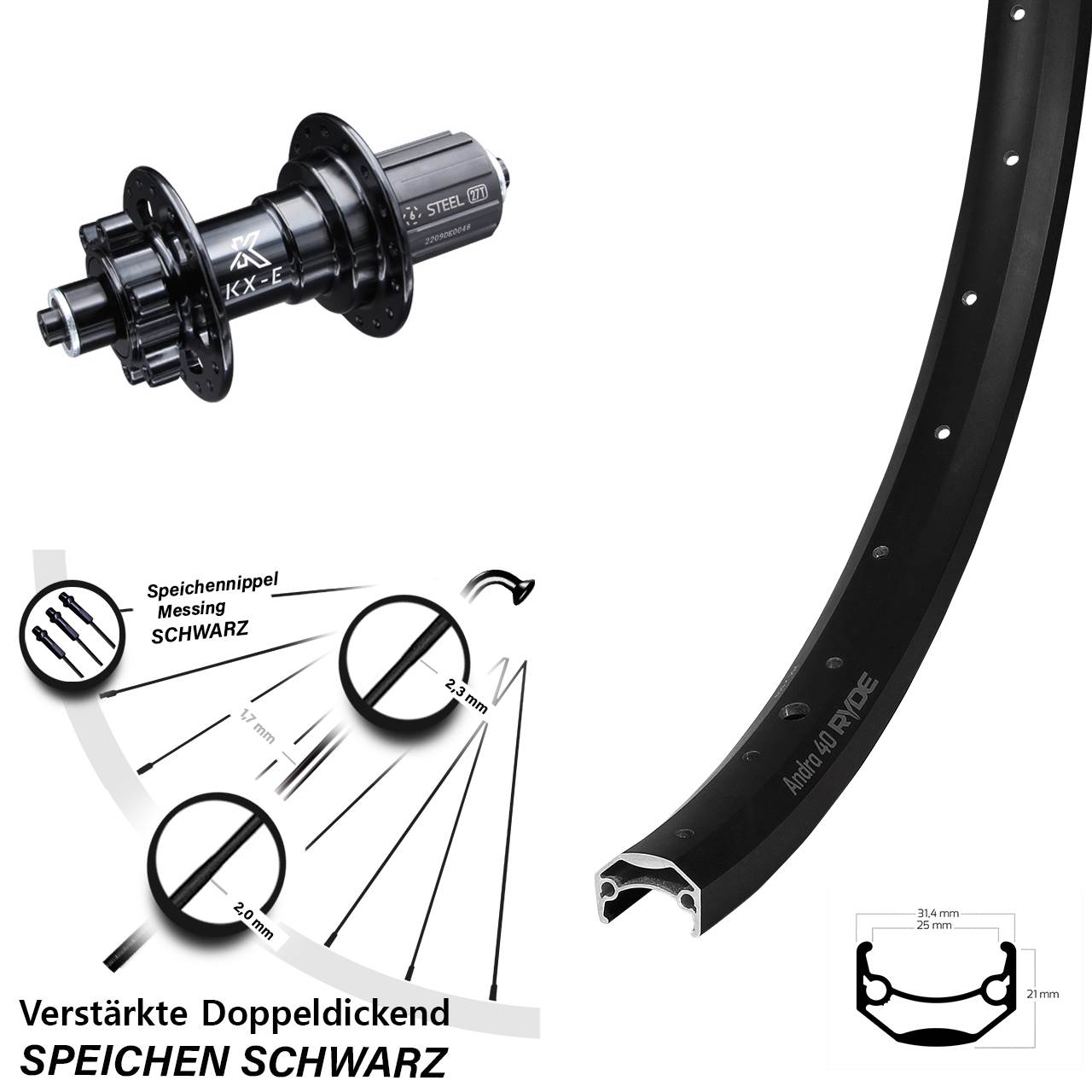 26 Zoll Ryde Andra 40 KX-E Heavy Duty Disc Laufrad für Schnellspanner 8-12 fach HG