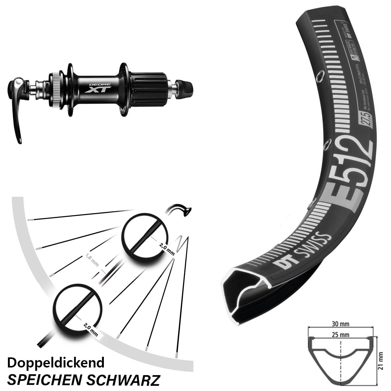 29 Zoll DT Swiss E512 Shimano XT Disc Laufrad QR 8-11 fach schwarz