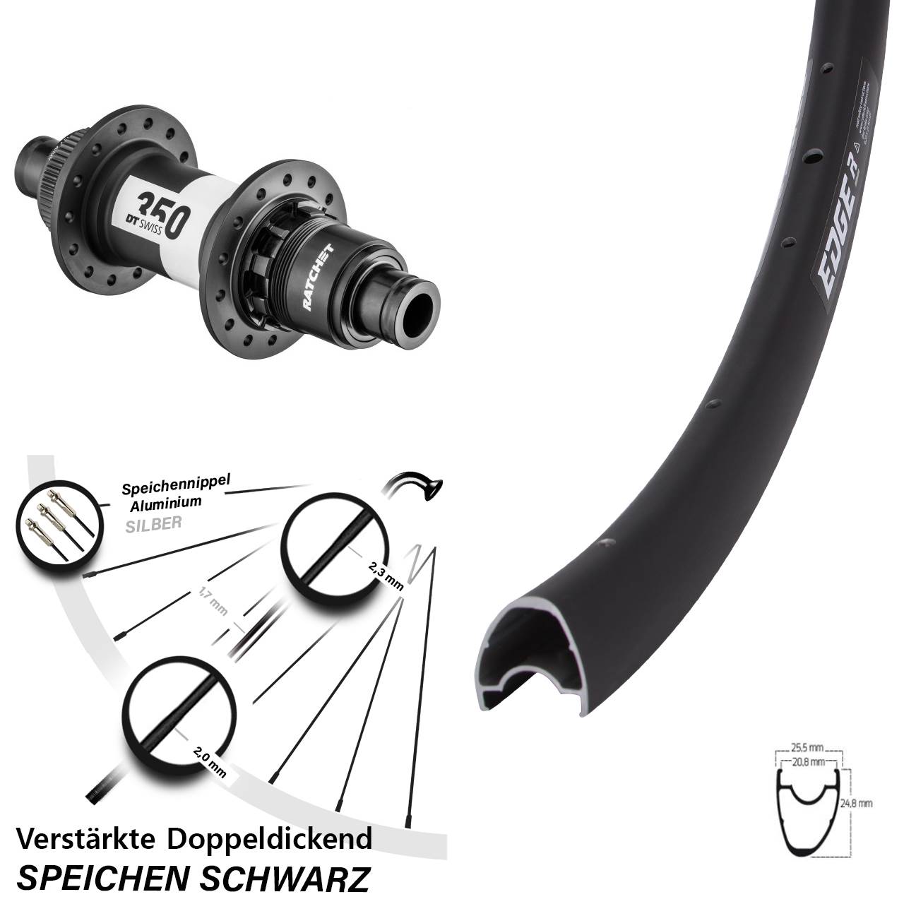 28 Zoll Ryde Edge R25 Offset DT Swiss 350 Road Disc Hinterrad 12x142 SRAM XDR