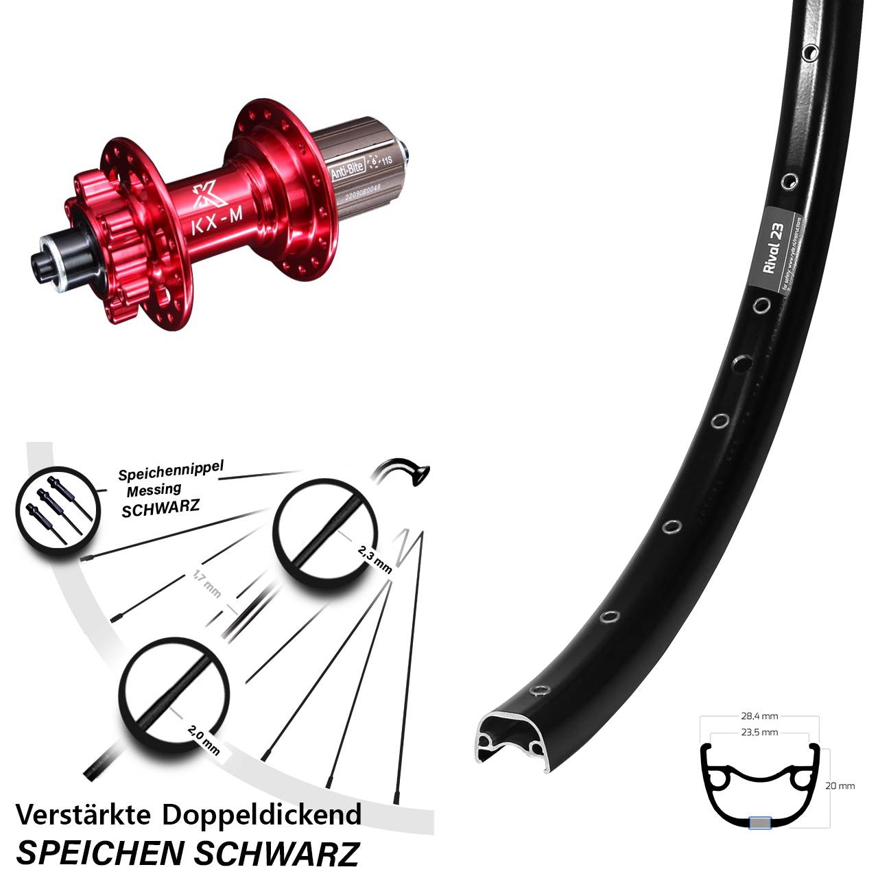 650B Ryde Rival 23 KX-M rot Disc 6-Loch QR Hinterrad 8-12 fach