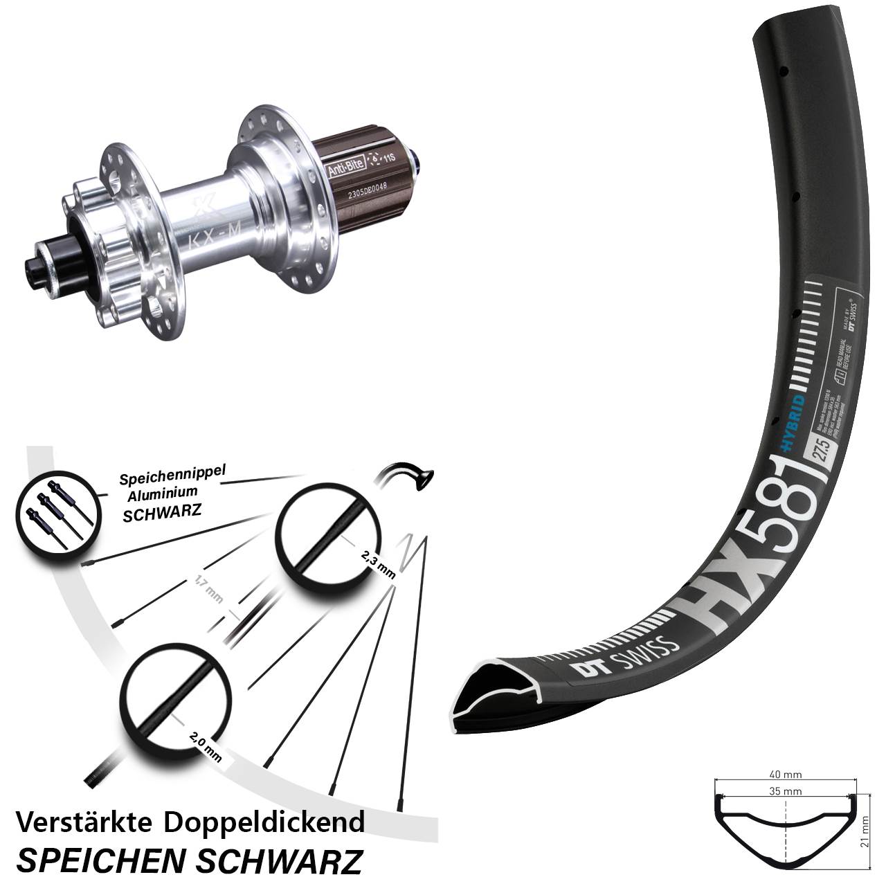 27,5 Zoll DT Swiss HX581 KX-M Disc Hinterrad QR 8-12 fach HG