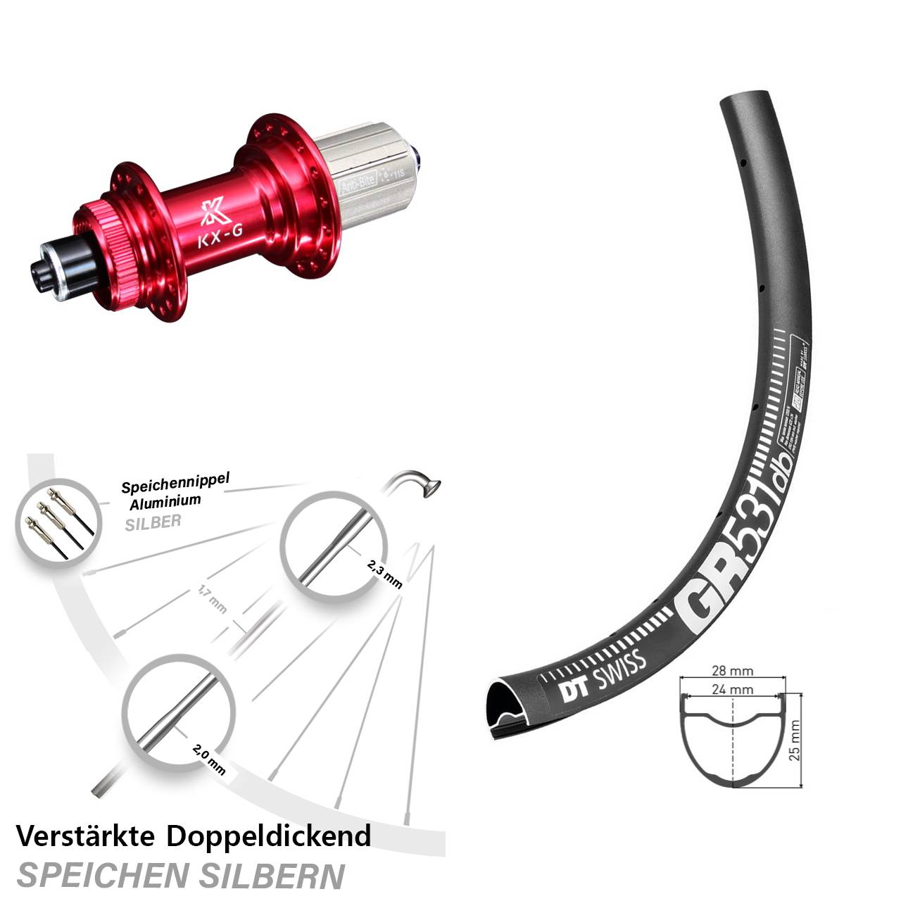 Gravel Hinterrad 28-29 Zoll KX-G rot Schnellspanner Centerlock 8-12 fach DT Swiss GR 531