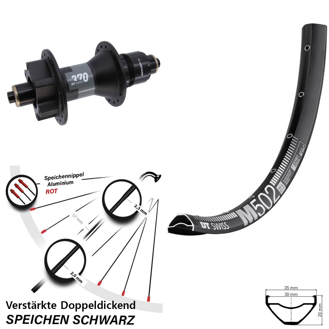 29 Zoll DT Swiss M502-370 Hinterrad 6-Loch für Schnellspanner XD 11-12 fach