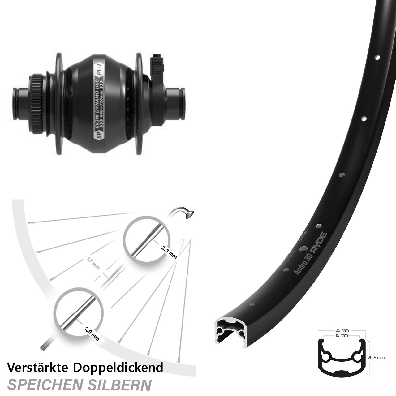 Centerlock Vorderrad mit Dynamo 28-29 Zoll Ryde Andra 30 Shutter Precision PL-7 12x100