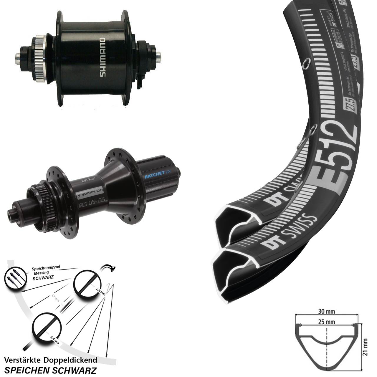 Disc Laufradsatz für Schnellspanner 29 Zoll DT Swiss E512 370 Hybrid Shimano DH-UR700 8-11
