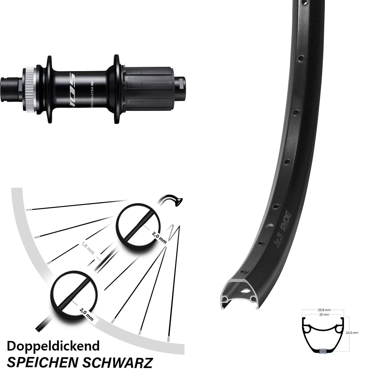 Ryde ZAC 25 Shimano FH-R7070 28-29 Zoll Hinterrad Centerlock 12x142 8-12 fach