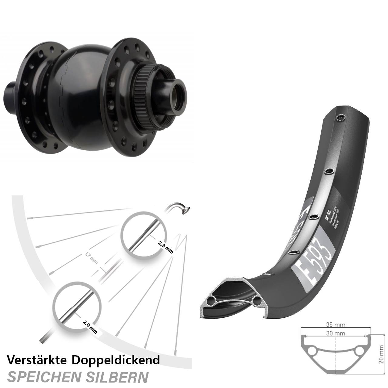 Nabendynamo-Vorderrad Centerlock 29 Zoll DT Swiss E 593 SON 28 15x110 Boost