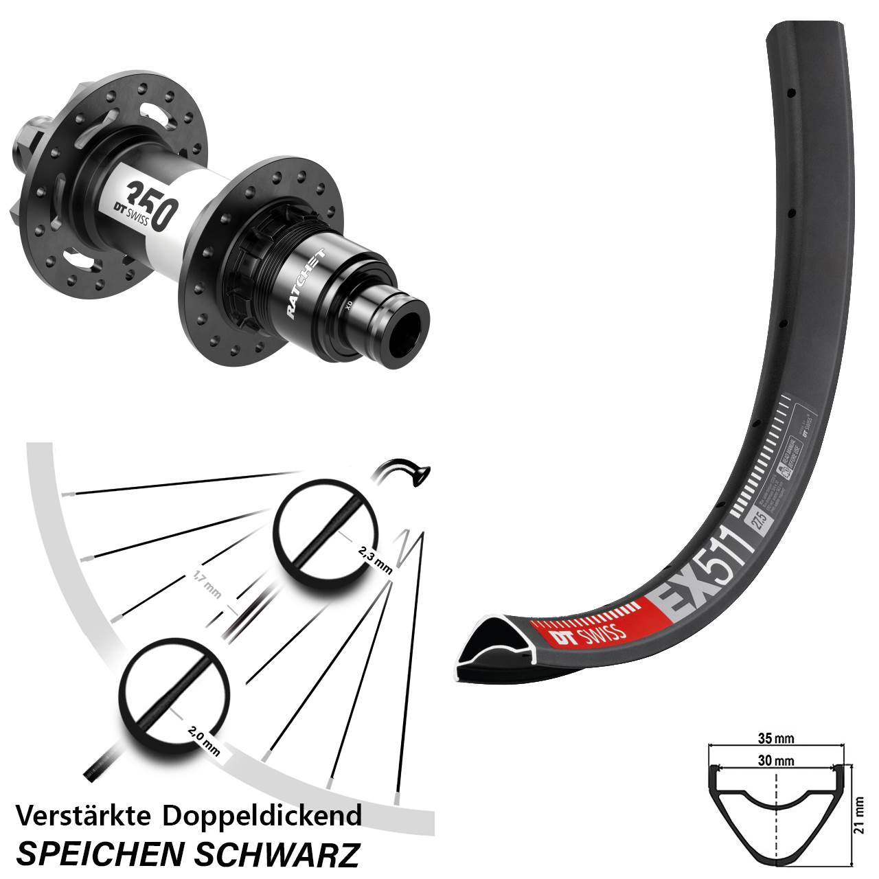 Hinterrad 29 Zoll DT Swiss EX 511-350 Ratchet 36 Sram XD 12x142 11-12 fach
