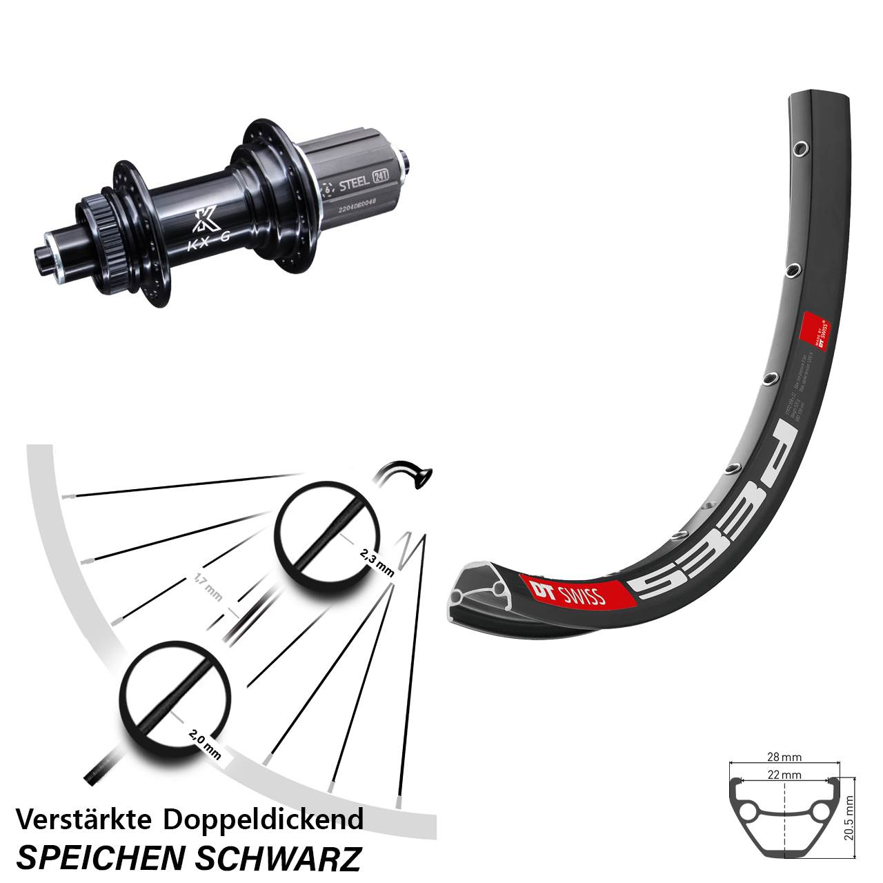 26 Zoll DT Swiss 533 D KX-GS verstärkt Hinterrad Centerlock QR 8-12 fach