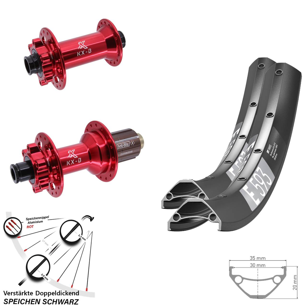 6-Loch Laufradsatz 29 Zoll DT Swiss E593 KX-B rot 8-12 fach 15x110 12x148
