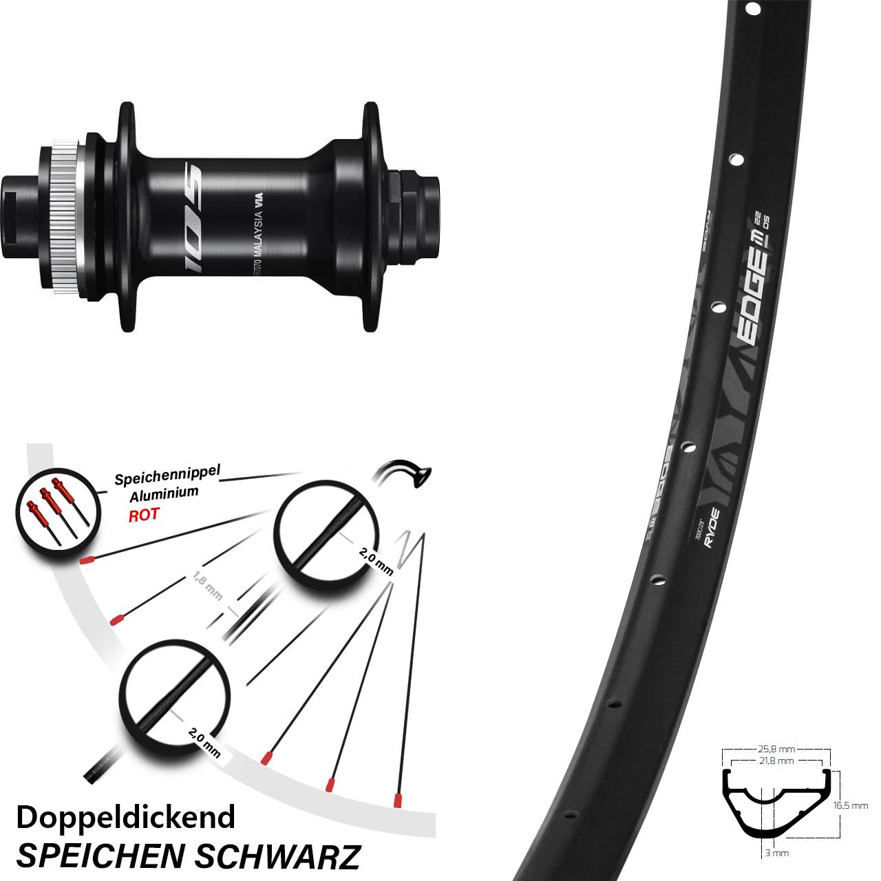 28 Zoll Ryde Edge M22 OS Shimano HB-R7070 Vorderrad Centerlock 12x100
