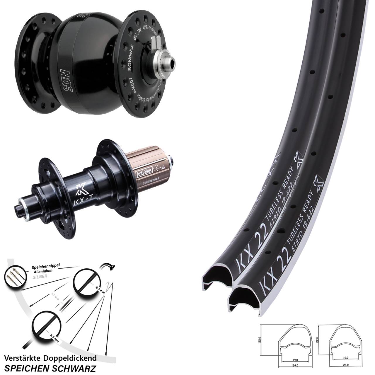 KX-T 22 OS SONdelux wide body 28 Zoll Laufradsatz für Schnellspanner 8-12 fach
