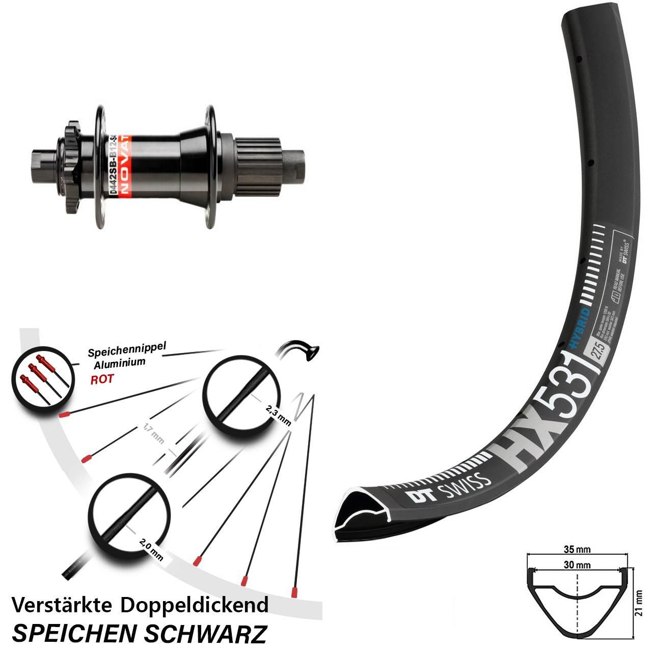 29 Zoll DT Swiss HX531 Novatec D442 Disc Hinterrad 12x148 Shimano Micro Spline