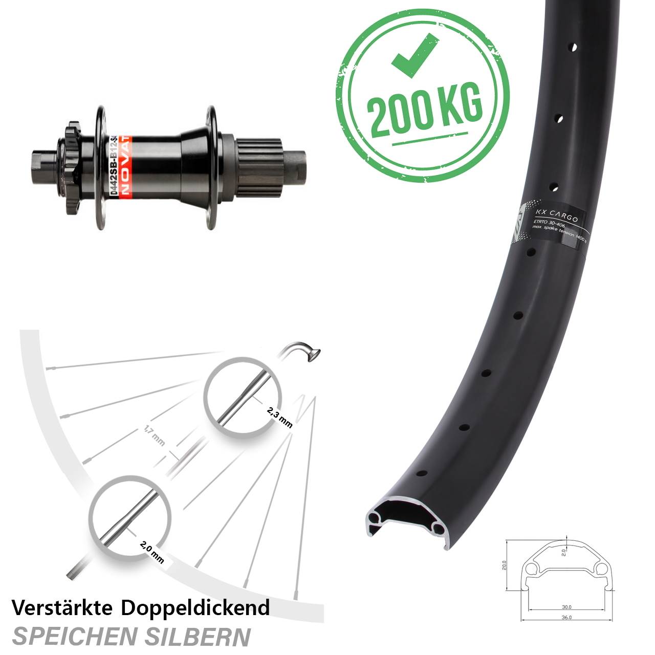 20 Zoll KX Cargo Novatec D442 Boost Hinterrad 6-Loch 12x148 Boost Micro Spline