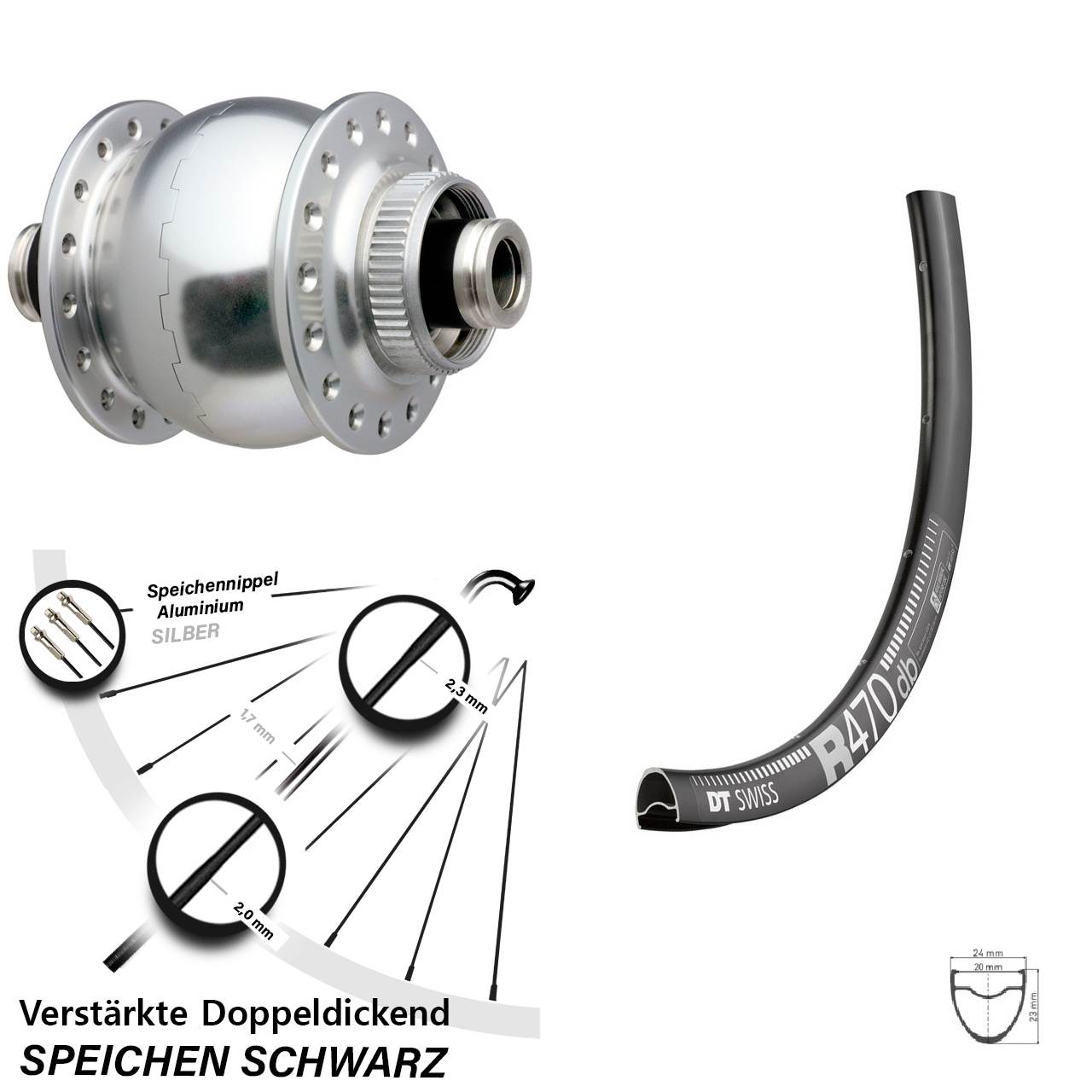28 Zoll DT Swiss R 470 SONdelux Centerlock Vorderrad mit Nabendynamo 12x100