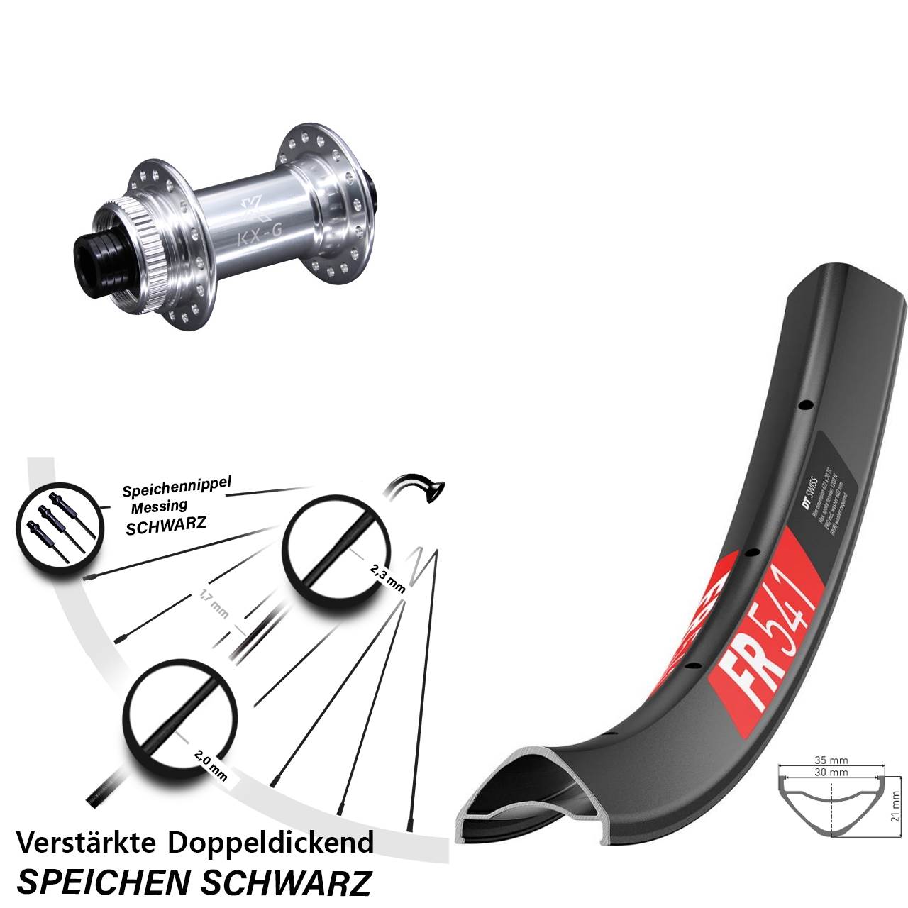 verstärktes 27,5 Zoll Vorderrad DT Swiss FR 541 mit Nabe KX-G Steckachse 15x100 mm