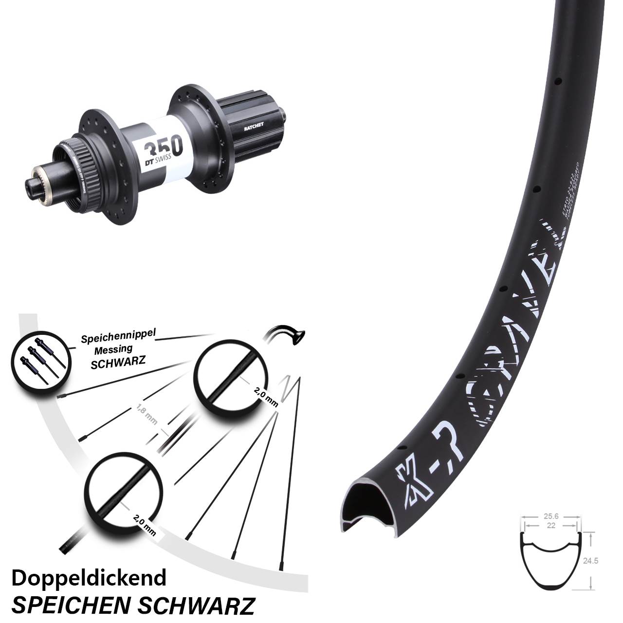 Hinterrad DT Swiss 350 Centerlock 5x135 mm Schnellspanner KX-R Gravel 22-622 ETRTO