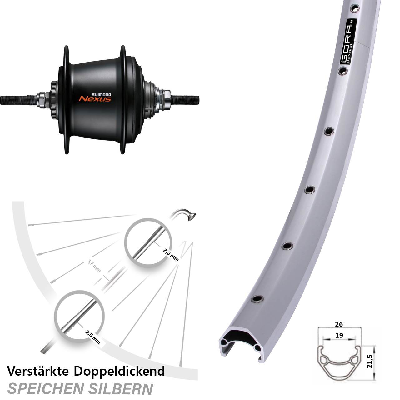 28 Zoll Hinterrad Gora 19 Felgenbremse silbern Shimano 7 Gang Nexus Freilauf