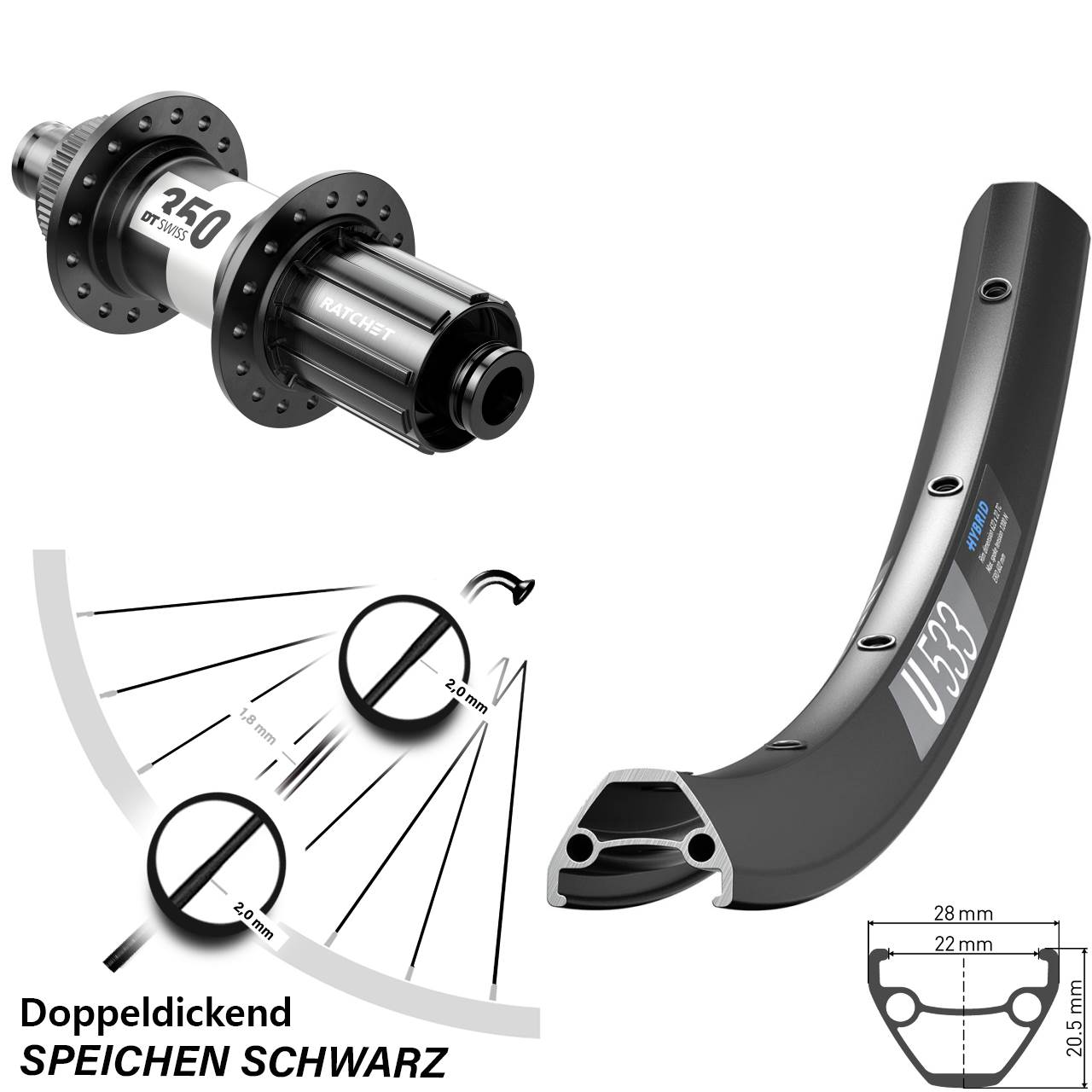 Centerlock Hinterrad 26 Zoll DT Swiss U533-350 8-11 fach HG 12x142