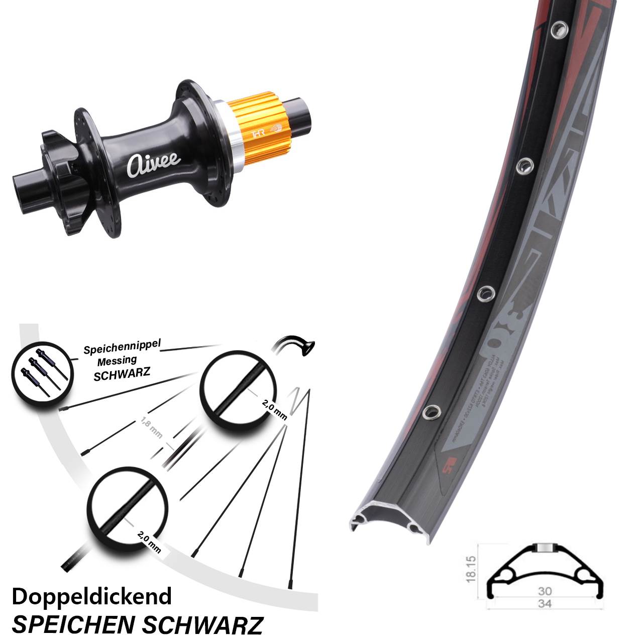 Hinterrad 6-Loch 12x148 29 Zoll Rodi TRYP 30 Aivee Shimano Micro Spline