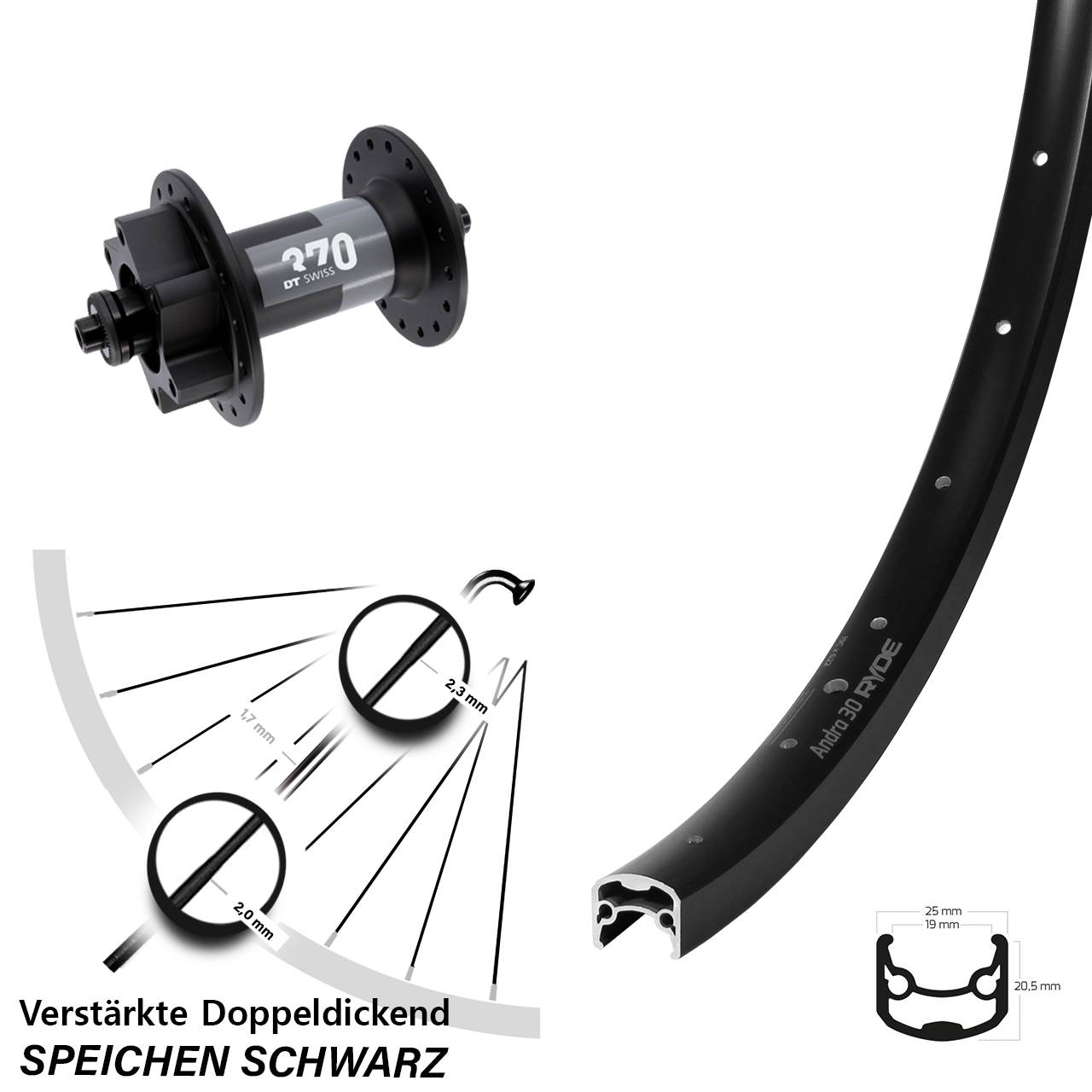 28 Zoll Ryde Andra 30 DT Swiss 370 6-Loch Vorderrad für Schnellspanner