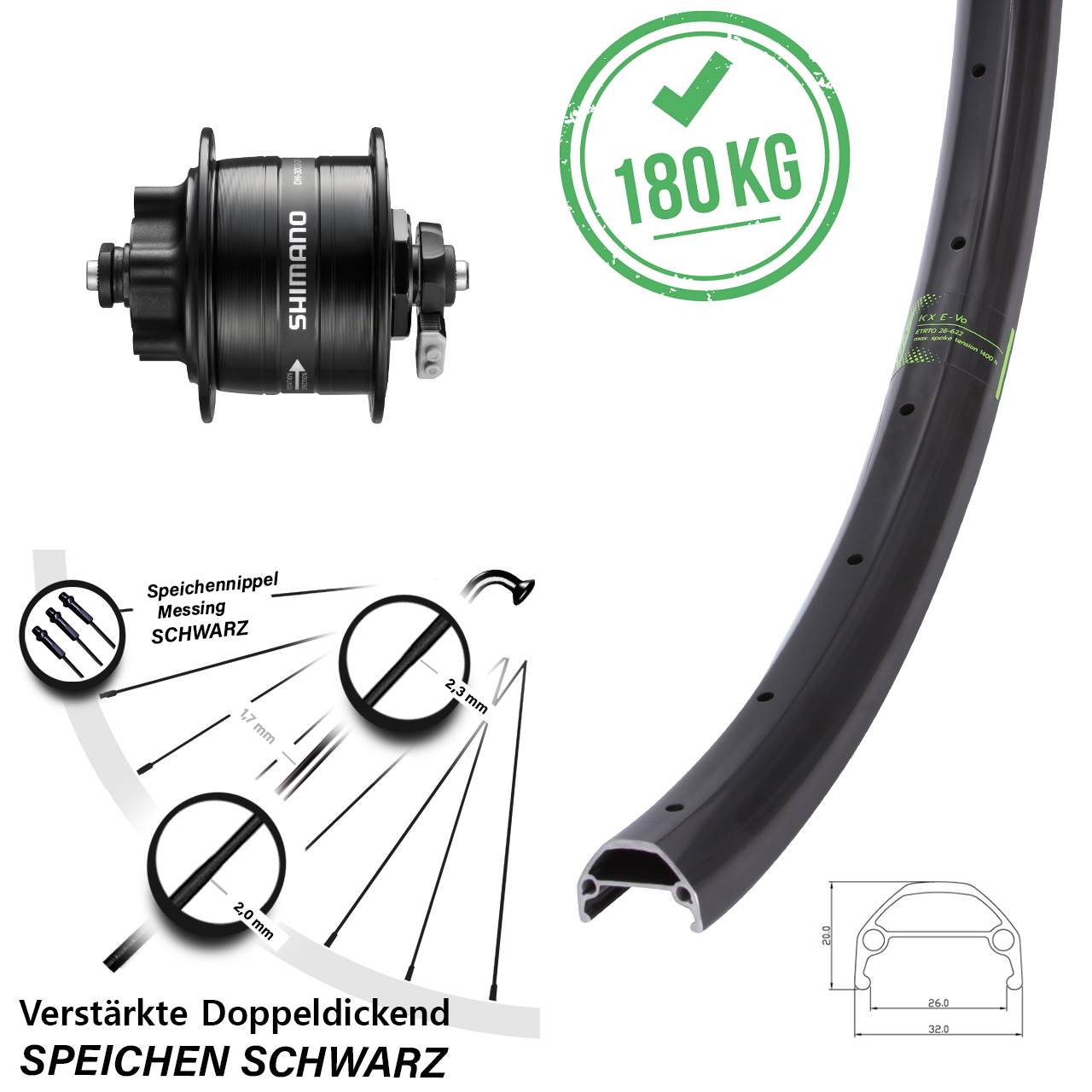 KX Evo 20 Zoll Disc Vorderrad mit Shimano DH-3D32 Nabendynamo QR