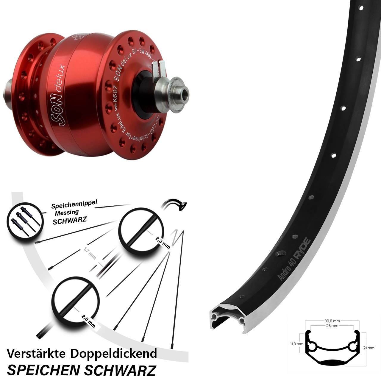 28 Zoll Ryde Andra 40 SONdelux rot Vorderrad mit Nabendynamo für Schnellspanner