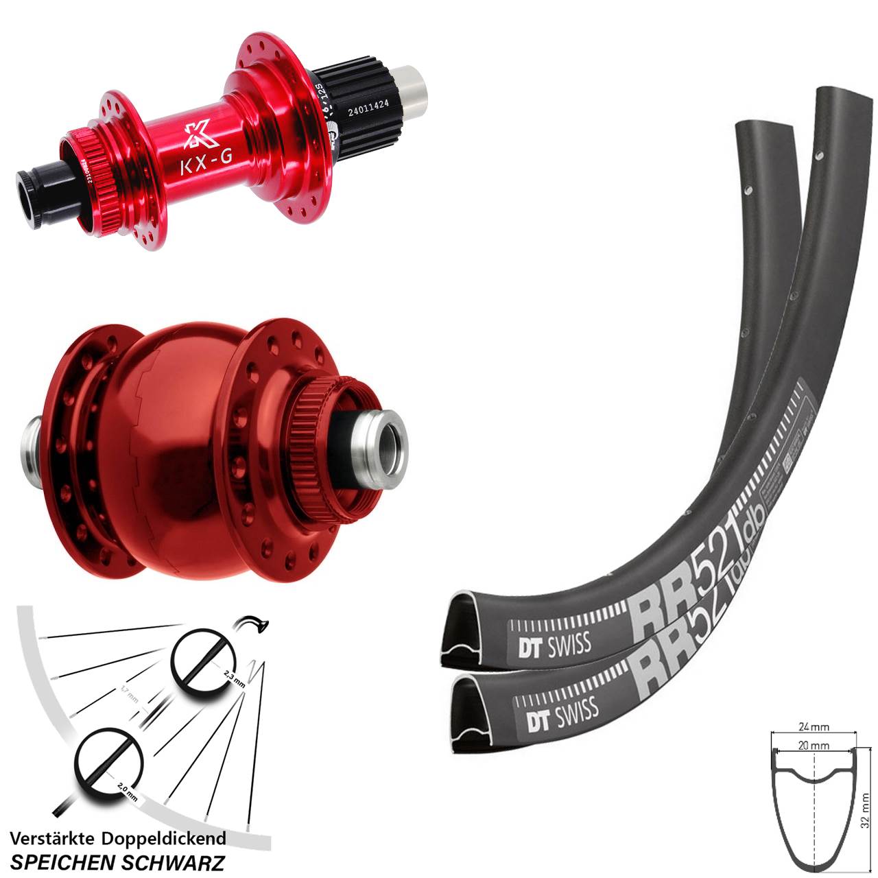 DT Swiss RR521 KX-G rot SON 28 Zoll Laufradsatz Centerlock 12x100/142 Shimano Micro Spline