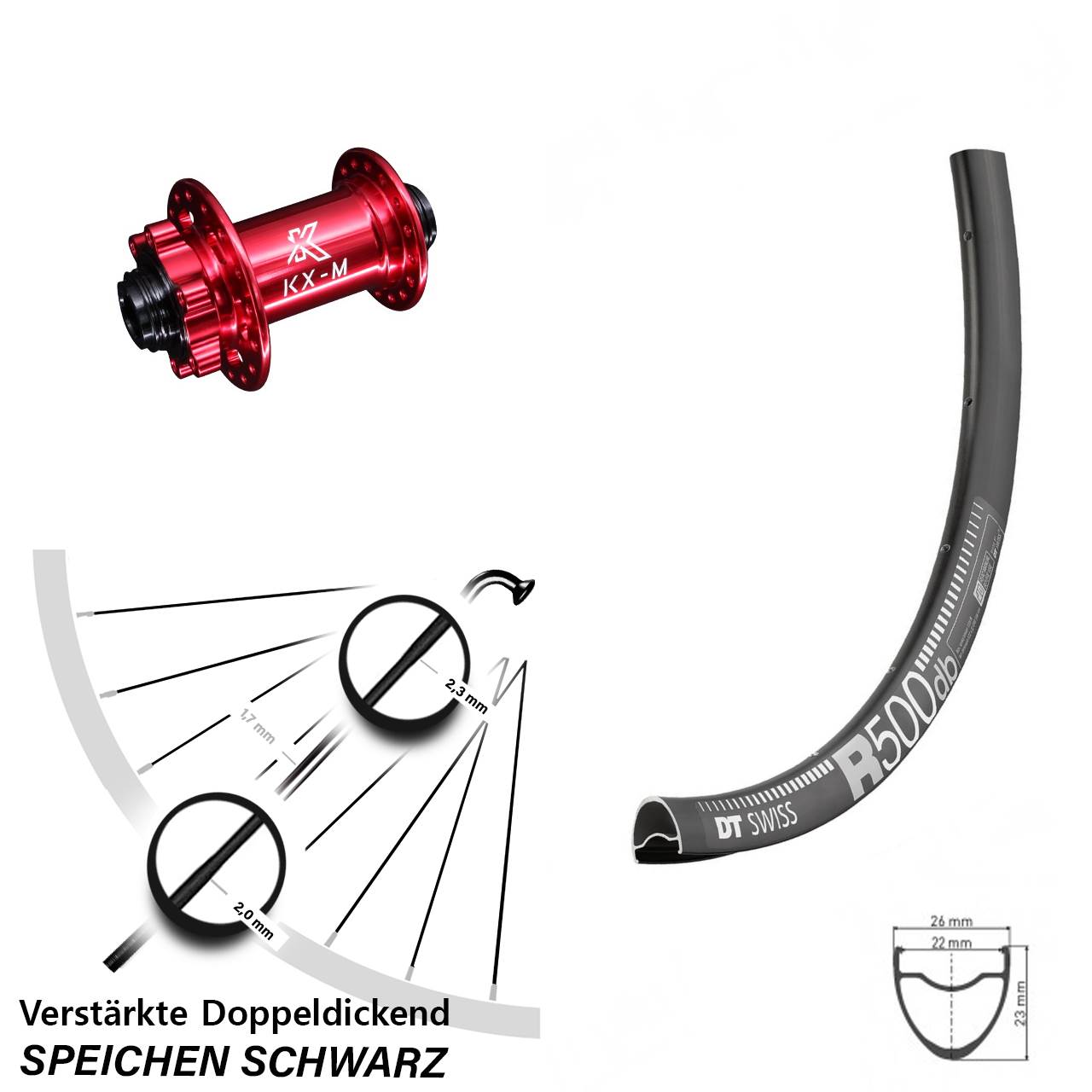 Disc Laufrad 12x100 28 Zoll DT Swiss R 500 KX-M rot