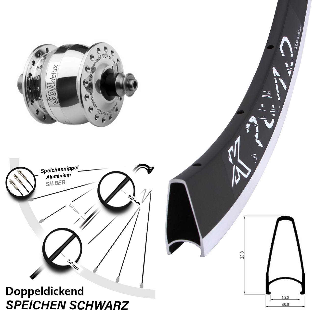 Vorderrad mit Nabendynamo 28 Zoll KX Road SONdelux poliert QR