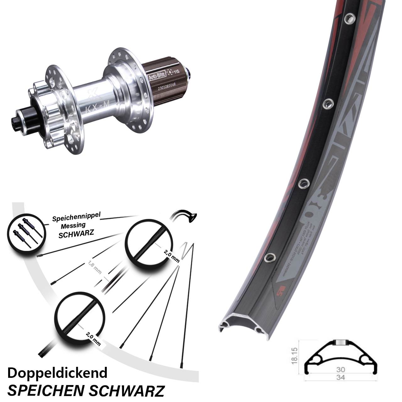 Disc Hinterrad 29 Zoll Rodi TRYP 30 KX-M 8-12 fach HG für Schnellspanner