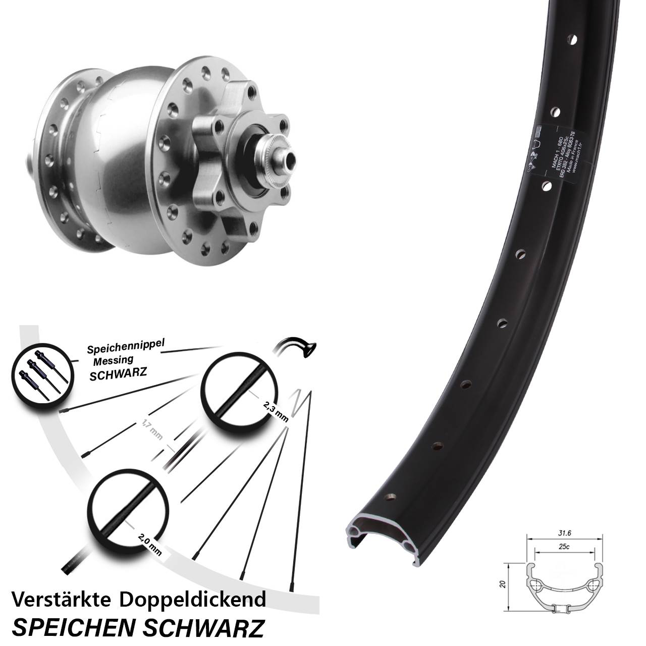 Disc Laufrad mit Nabendynamo 20 Zoll Mach1 Kargo SON 28 für Schnellspanner