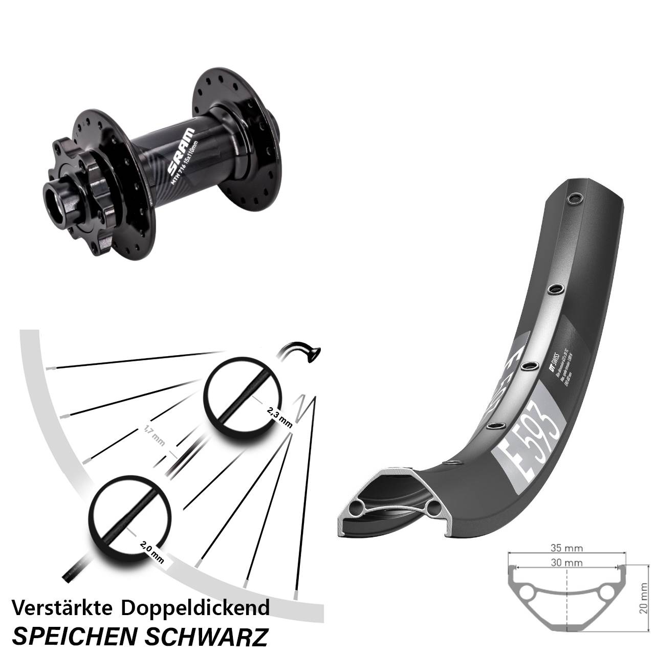 29 Zoll DT Swiss E 593 Sram 716 Disc Vorderrad 15x110 Boost