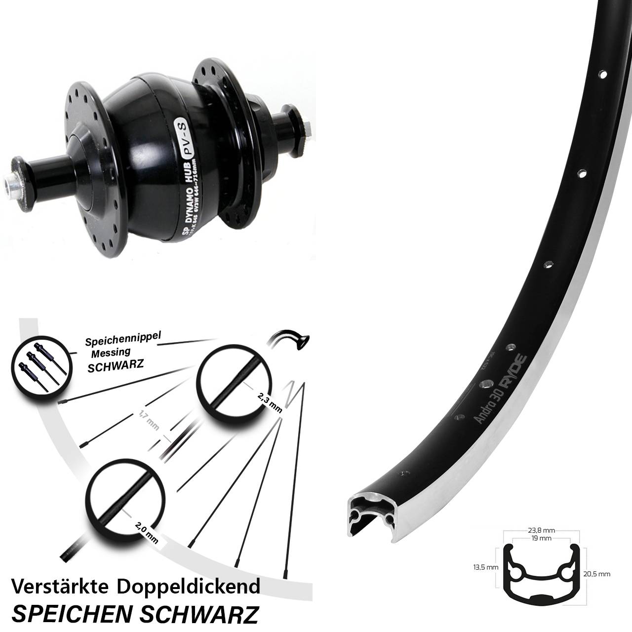 Nabendynamovorderrad 26 Zoll Ryde Andra 30 Shutter PV-8 QR