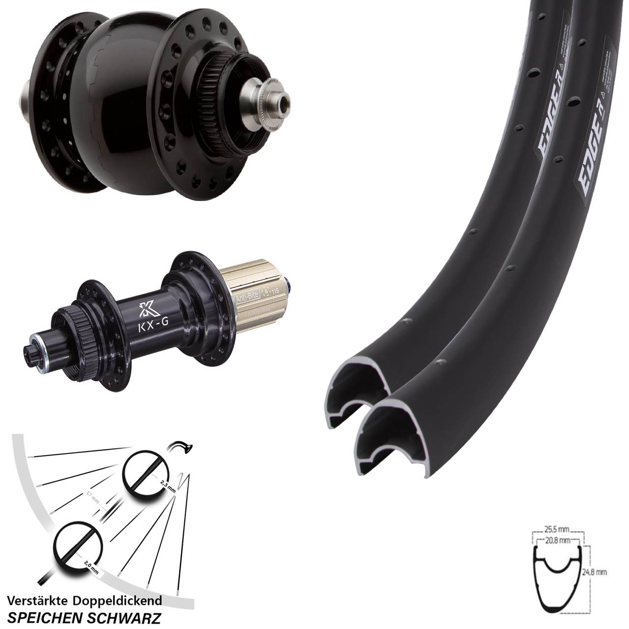 Disc Laufradsatz 28 Zoll Ryde Edge R25 Offset KX-G SON 28 8-12 fach HG für Schnellspanner
