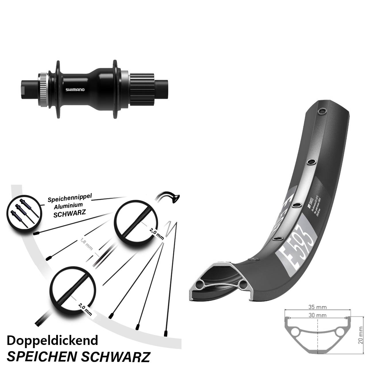 DT Swiss E593 Shimano FH-TC500-B 29 Zoll Centerlock Hinterrad 12x148 Micro Spline