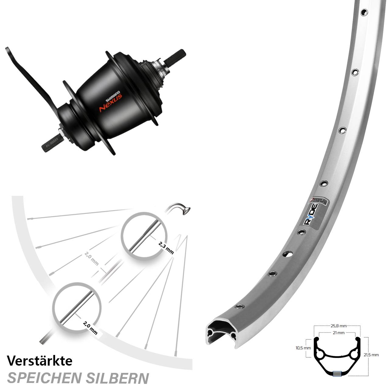 27,5 Zoll Laufrad Ryde ZAC 421 silbern Shimano Nexus 7-Gang SG-C3001