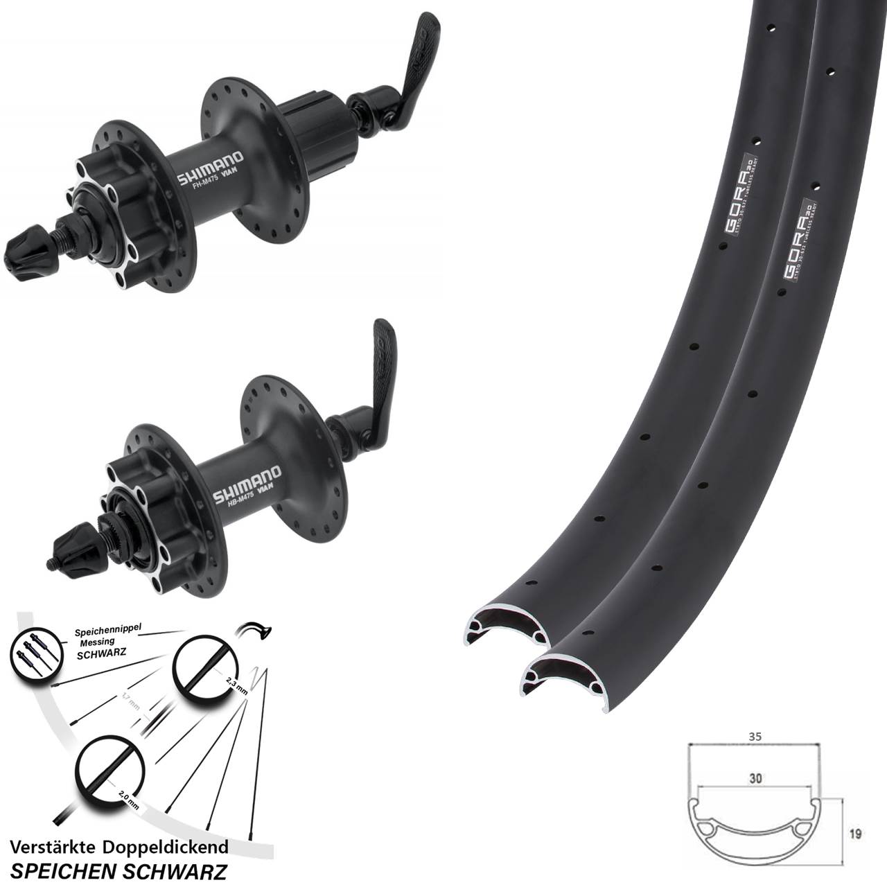 27,5 Zoll Gora 30 Shimano FH-M475 HB-M475 6-Loch Laufradsatz QR 8-11 fach HG