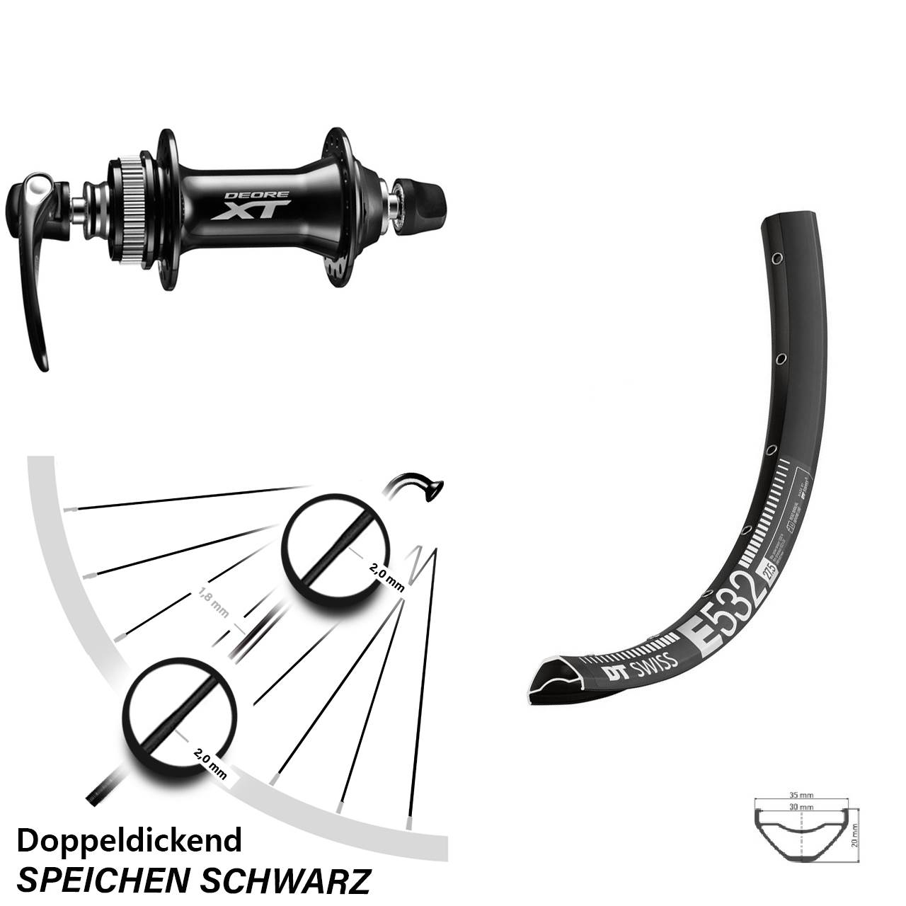 DT Swiss E 532 Shimano Deore XT 27,5 Zoll Disc Vorderrad für Schnellspanner