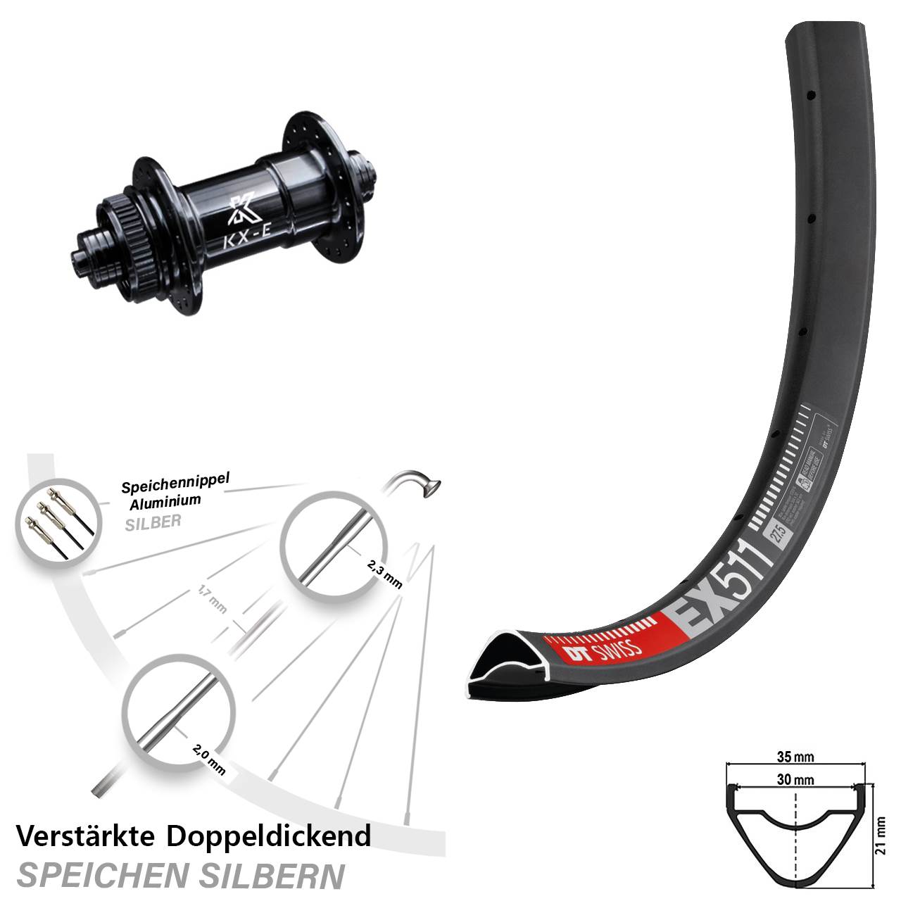 Centerlock Vorderrad 29 Zoll DT Swiss EX511 KX-E 4-fach gelagert QR