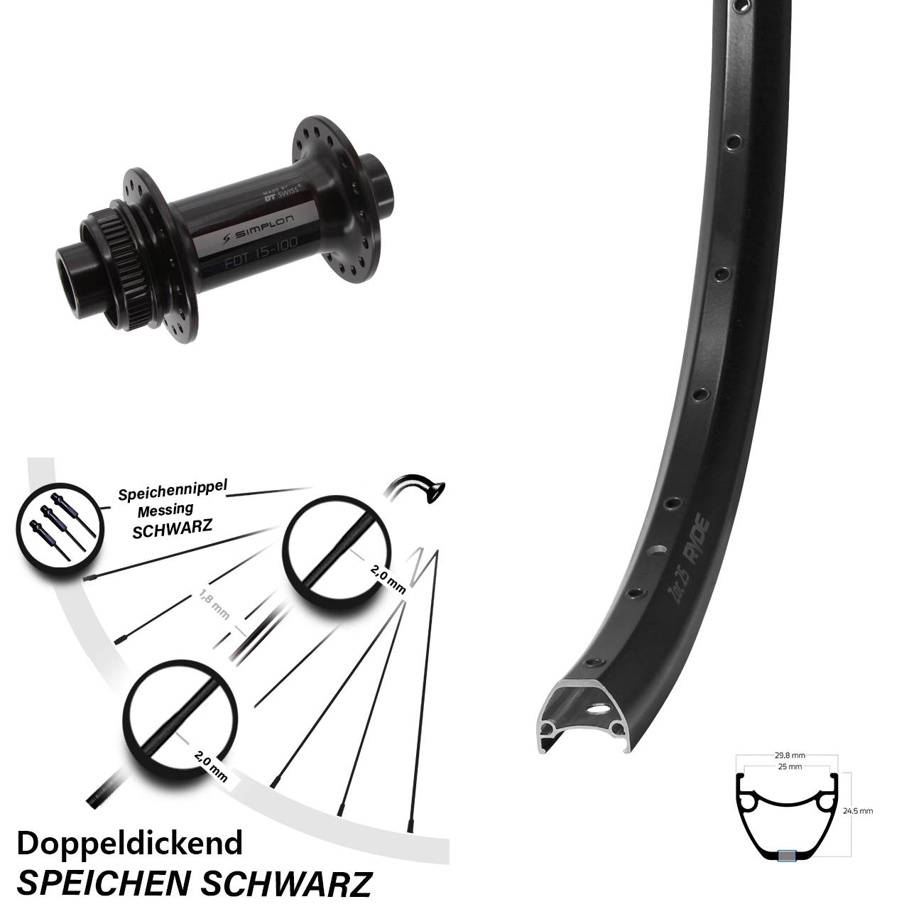 Ryde ZAC 25 DT Swiss 370 28-29 Zoll Disc Vorderrad 12x100