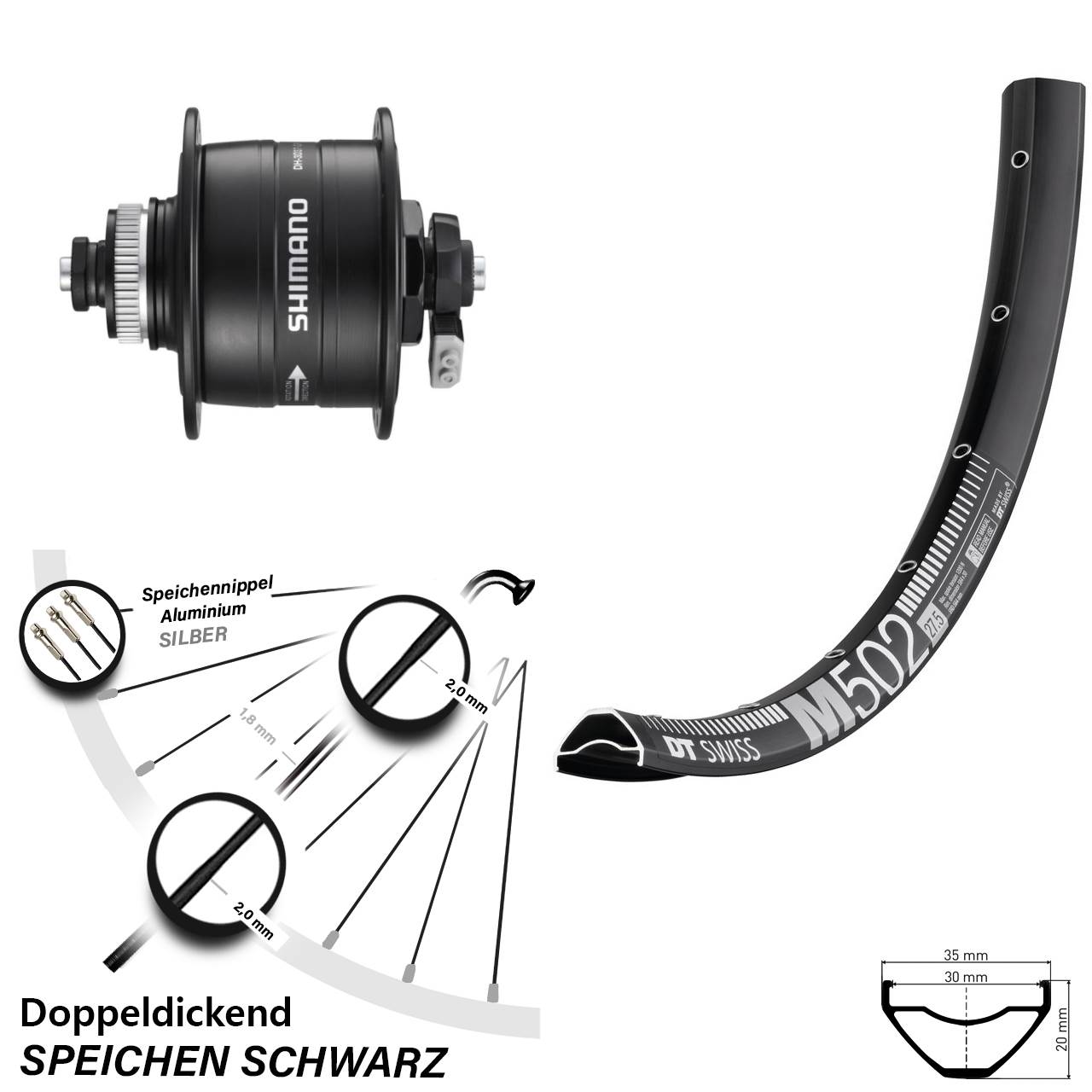Disc Nabendynamo-Laufrad 29 Zoll DT Swiss M 502 Shimano DH-3D37 für Schnellspanner