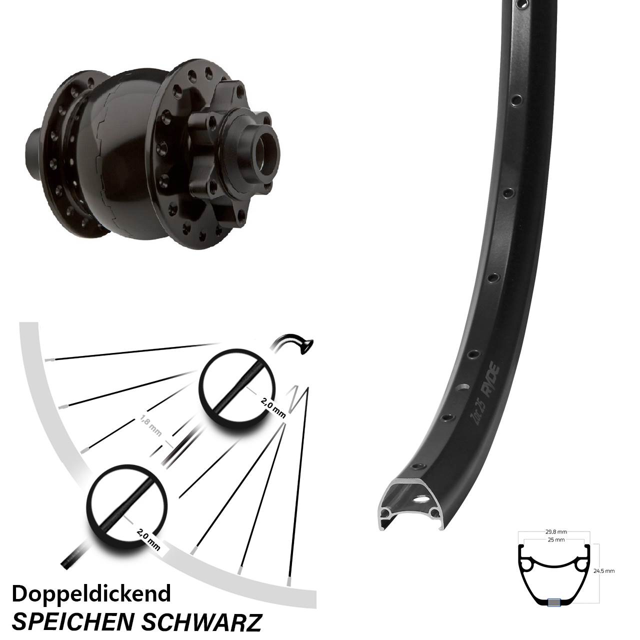 Disc Dynamo-Vorderrad 15x100 Ryde ZAC 25 SON 28 Zoll