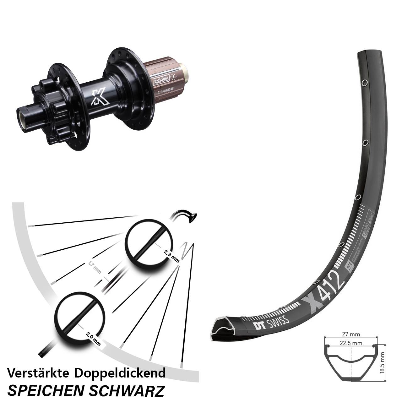 DT Swiss X412 KX-M Shimano Anti-Bite 29 Zoll Hinterrad 6-Loch 12x142 8-12 fach HG