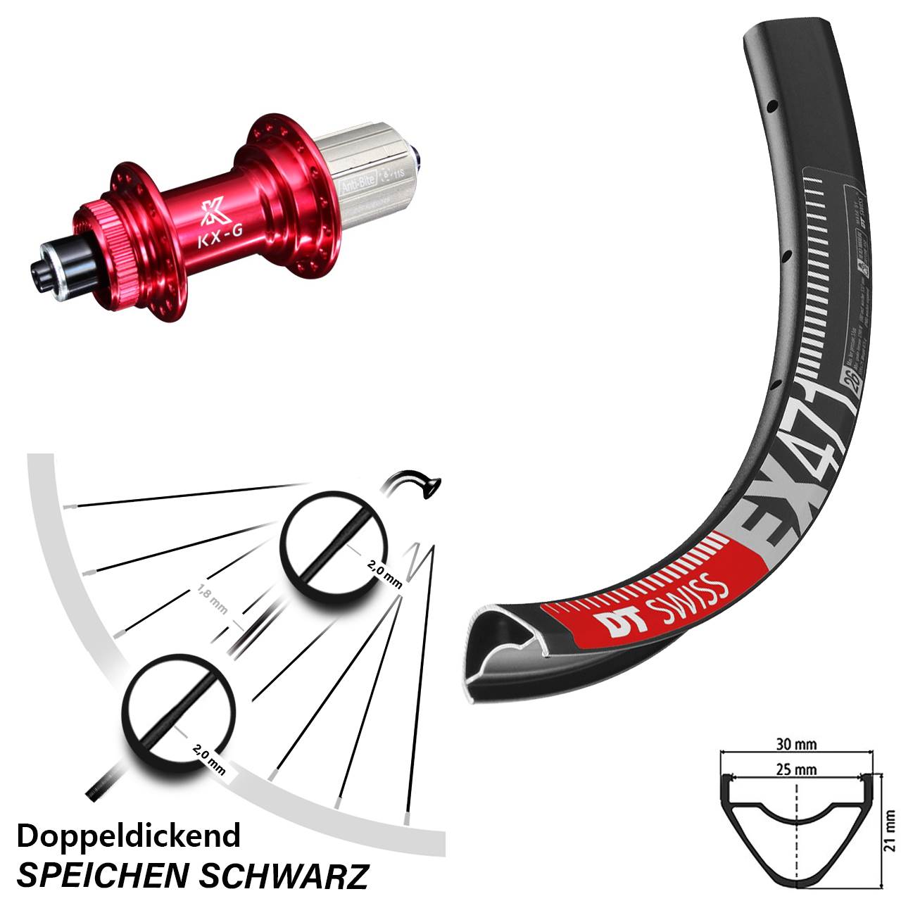 27,5 Zoll DT Swiss EX 471 Hinterrad KX-G rot 8-12 fach