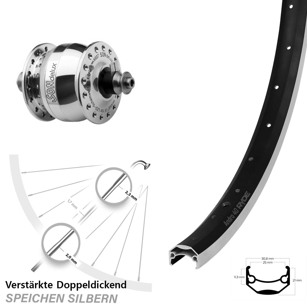 28 Zoll Ryde Andra 40 SONdelux poliert Nabendynamovorderrad für Schnellspanner