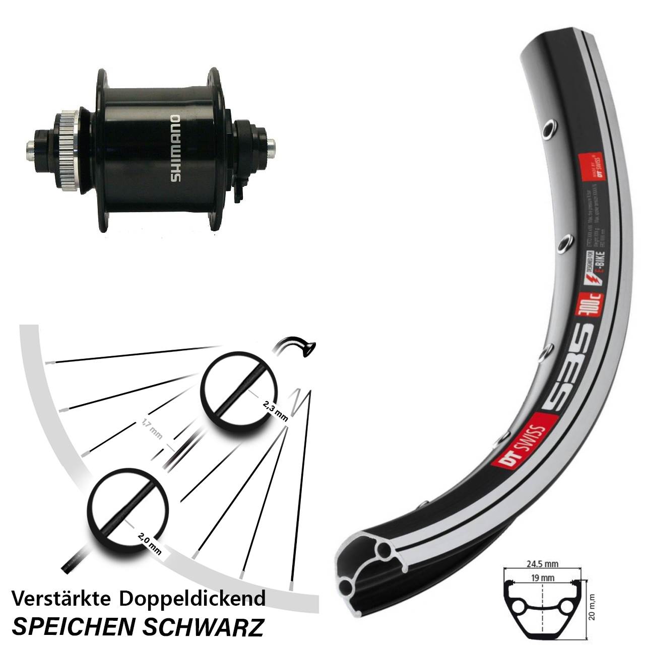 26 Zoll Vorderes Rad mit Nabendynamo DT Swiss 535 Shimano DH-UR700